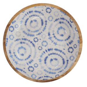 weiße Schale aus Mangoholz. Motiv blaue Kreise.