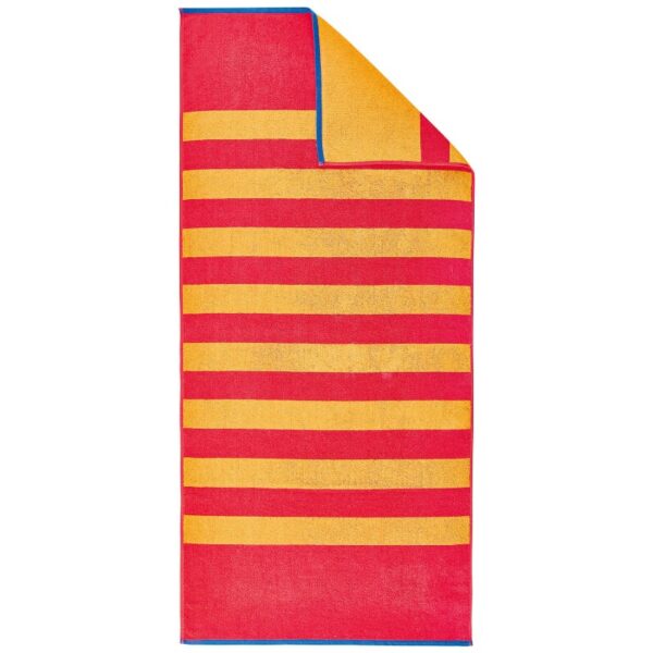 Strandtuch Stripes der Marke Dyckhoff mit rot gelben dicken Streifen aus Baumwolle in schicker Wendeoptik