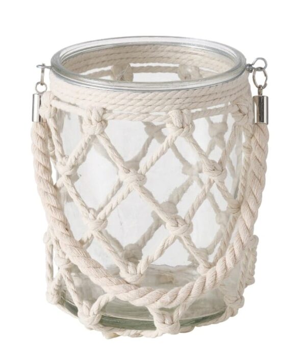 Rundes Windlicht aus transparanten Glas mit Makrame-Garn-Ummantelung in Farbe creme und aus Garn gezwirbelter Tragegriff.