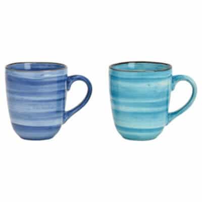 2 Tassen aus Steingut in den Farben blau und türkis mit Streifenoptik mit Henkel.