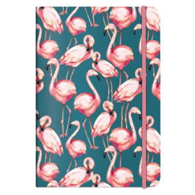 blaues Notizbuch im Format A5 mit pinken Flamingos als Motiv der Marke Cedon