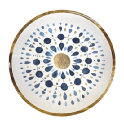 weiße Schale mit 18 cm Durchmesser aus Mangoholz mit blauem Mandala Motiv