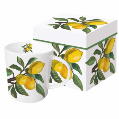 weiße Tasse Lemon Musée mit mediterranen Zitronen und Blätter Motiv der Marke PPD