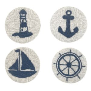 weiß blaue Untersetzer 4er-Set mit maritimen Motiven Leuchtturm, Anker, Segelboot und Steuerrad aus Perlen von der Marke byRoom