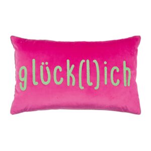 Rechteckiges Kissen in der Farbe Pink. Schriftzug "glück(l)ich" in Neongrün.