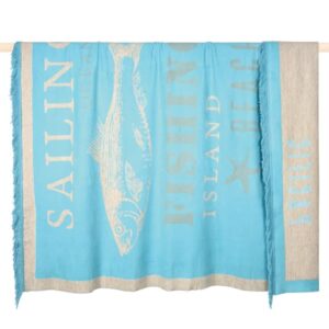 Decke "Sea" in der Farbe Türkis und Grau der Marke PAD mit Fischmotiv und maritimen Schriftzügen