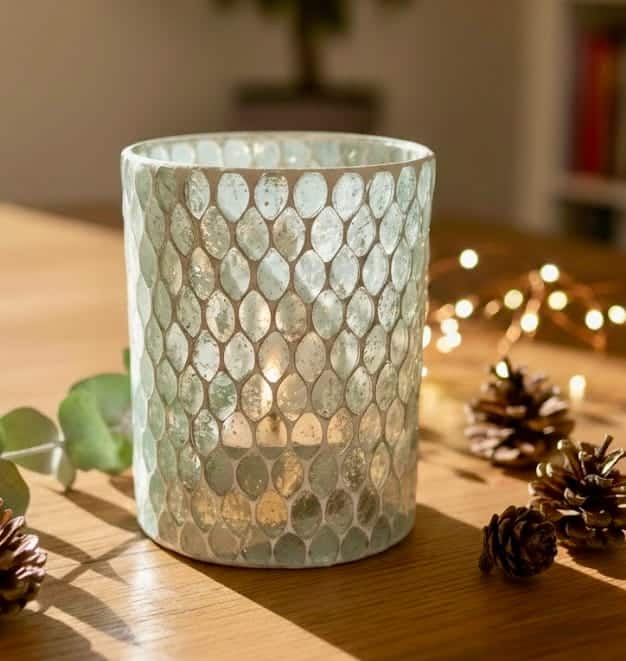 Windlicht Eisblau-Silber Mosaik Glas