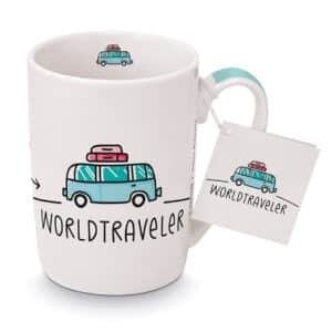 Becher Porzellan Worldtraveler, Geschenke für Reisen, Reisegeschenke, schöne Geschenke für Reisende mit Spruch