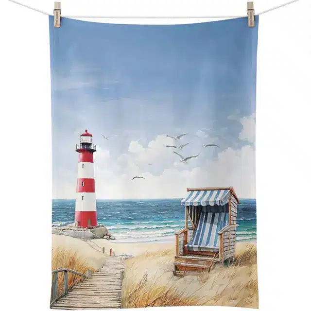 Maritimes Geschirrtuch Leuchtturm und Strandkorb